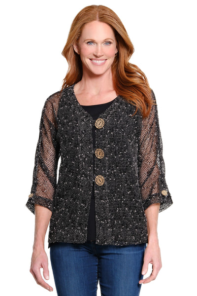 Woven Mesh Button Front Jacket - Petite - Black