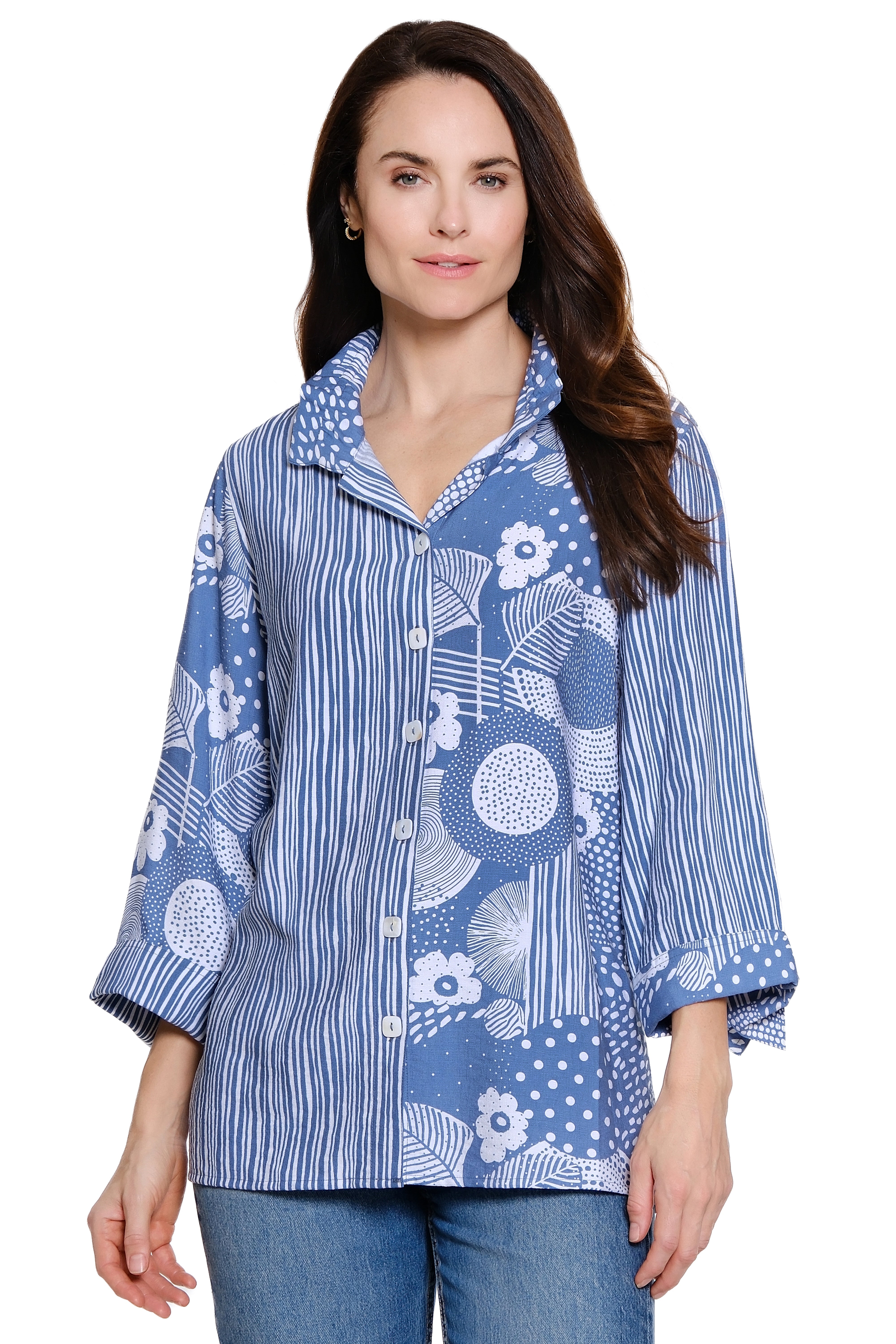 Printed Woven Button Front Top - Blue/Grey