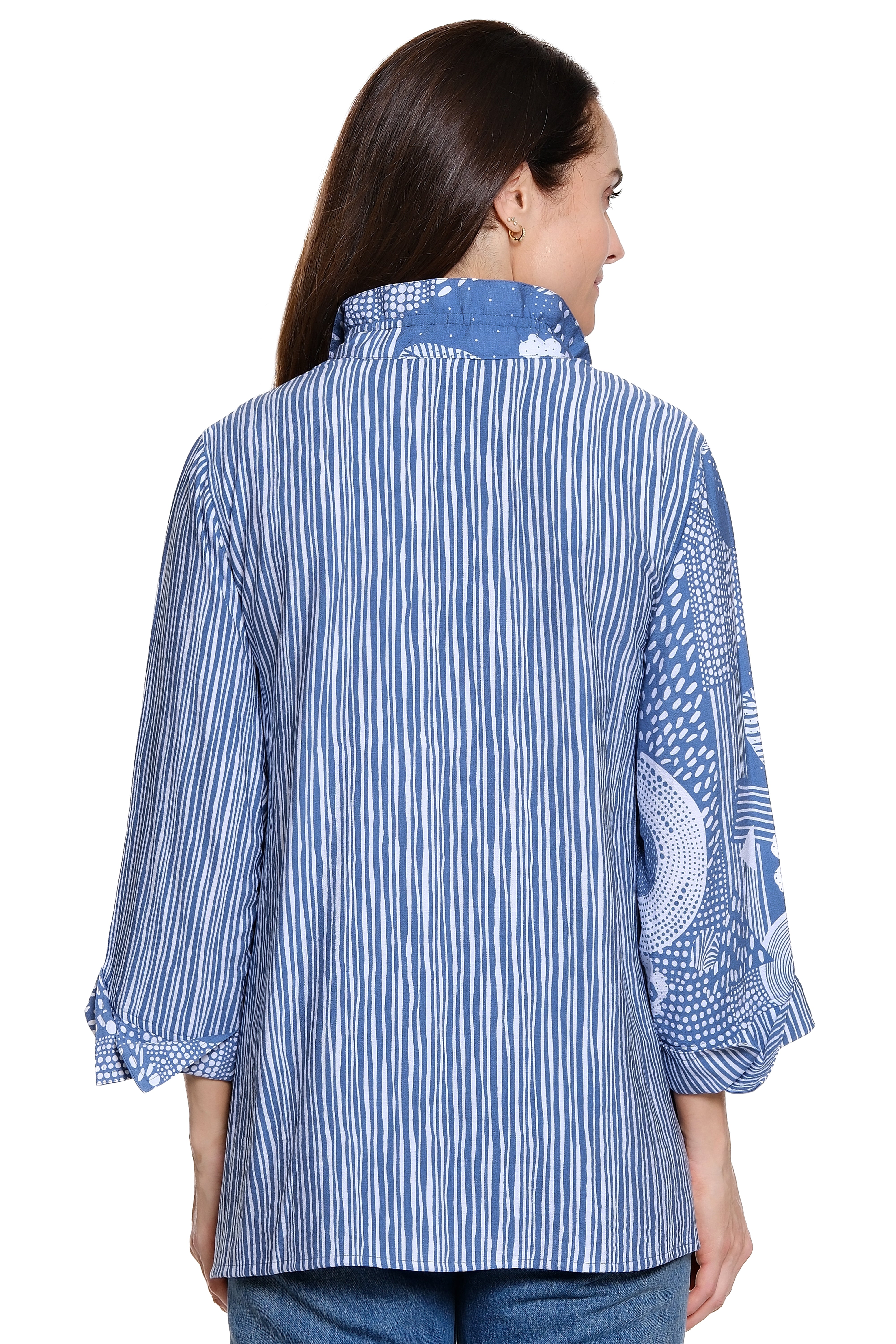 Printed Woven Button Front Top - Blue/Grey