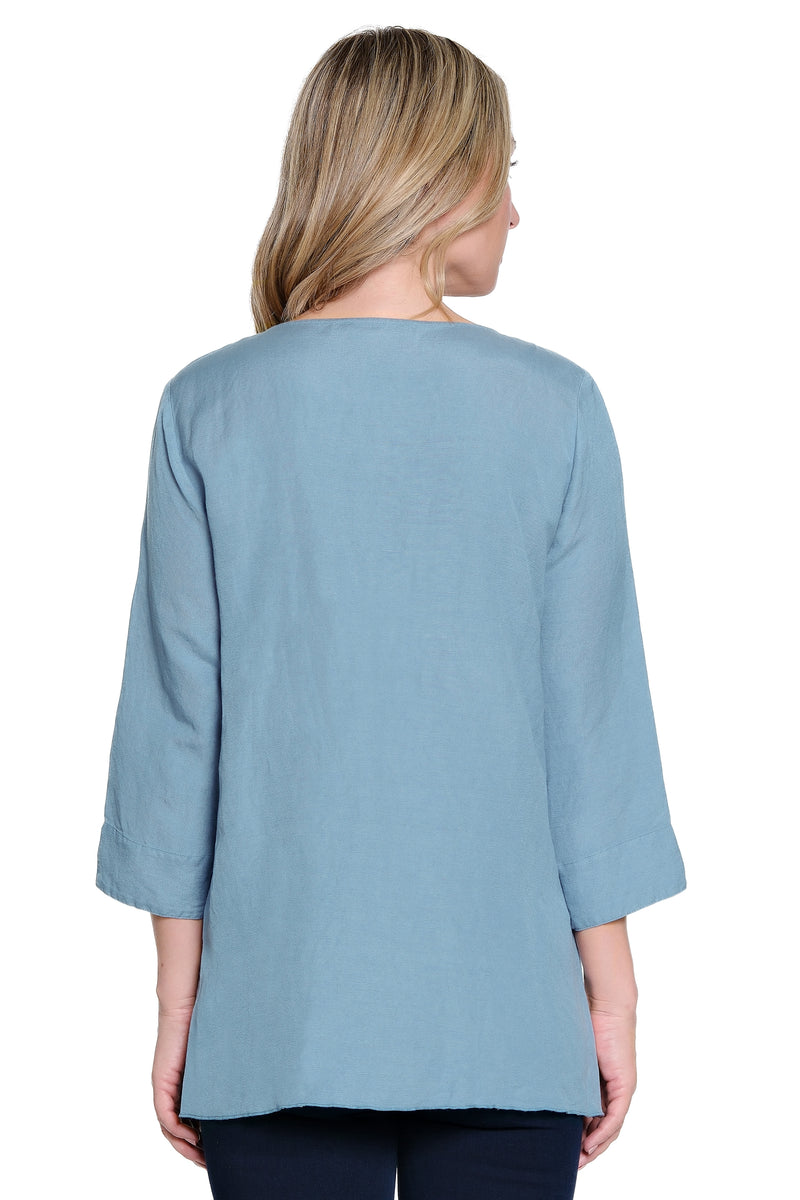 Linen Blend Top with Front Button Details - Chambray