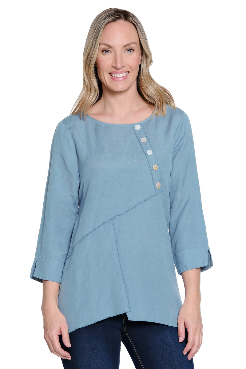 Linen Blend Top with Front Button Details - Chambray