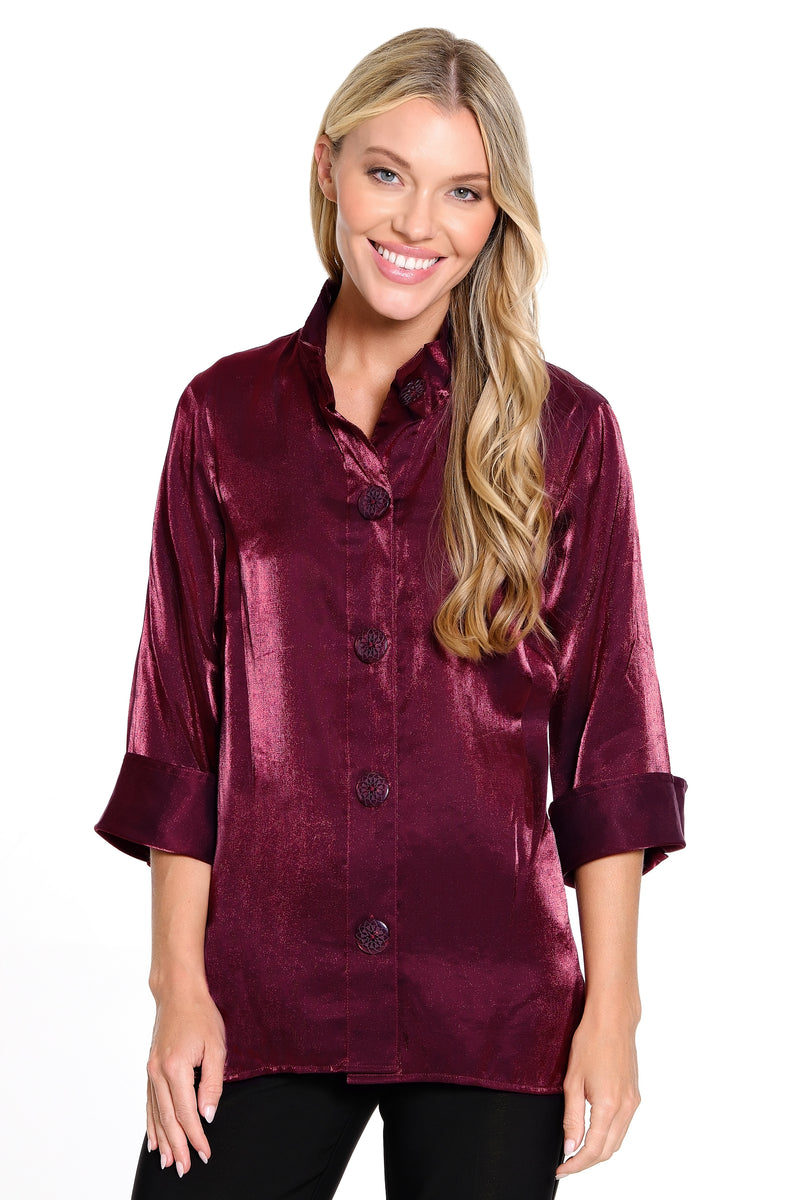 Woven Irridescent Button Front Tunic - Merlot