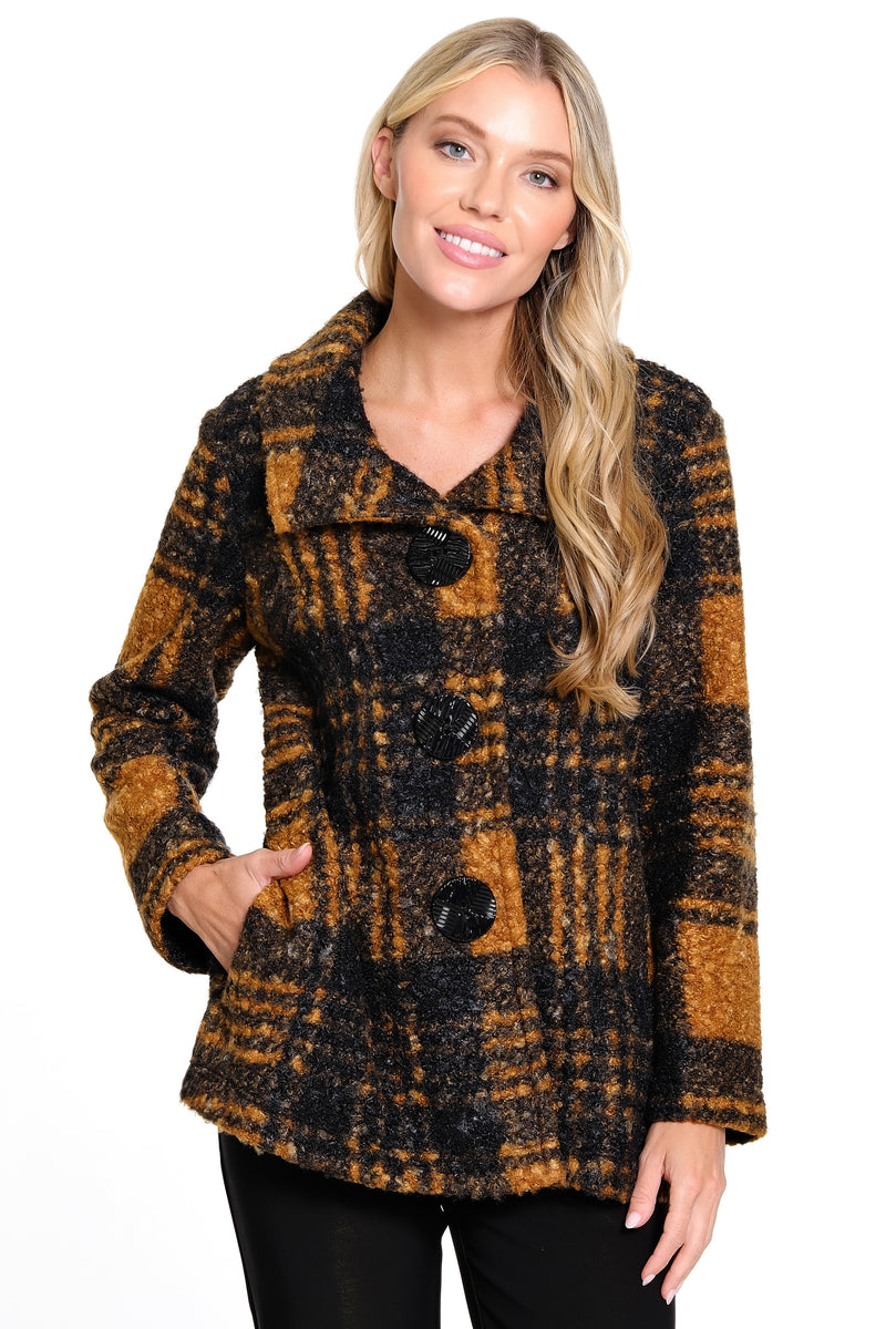 Printed Boucle Jacket - Women's - Brown Plaid