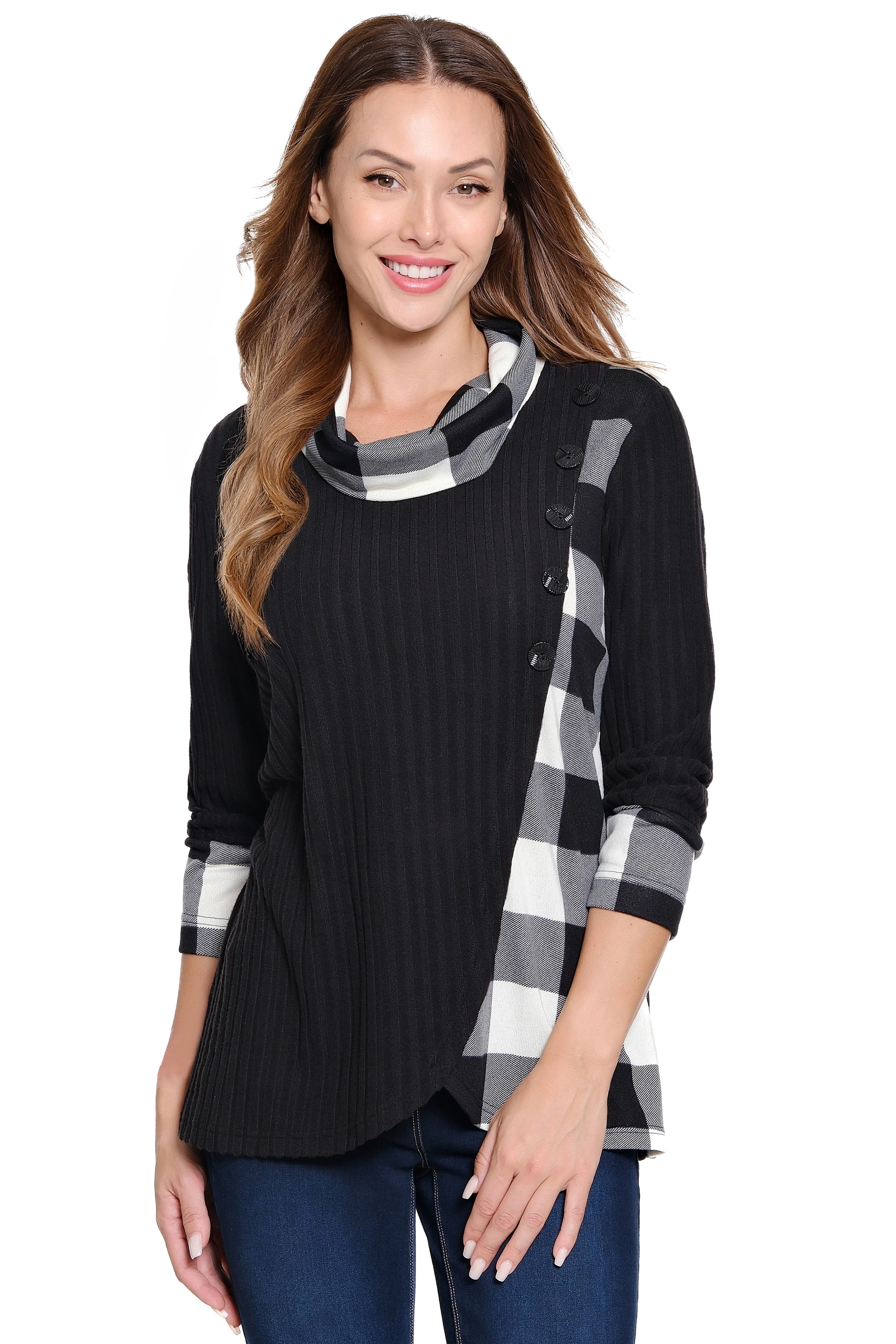 Plaid Cowl Neck Top - Black/White