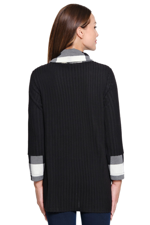 Plaid Cowl Neck Top - Petite - Black/White