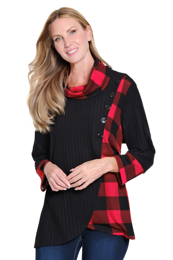 Plaid Cowl Neck Top - Petite - Black/Red Print