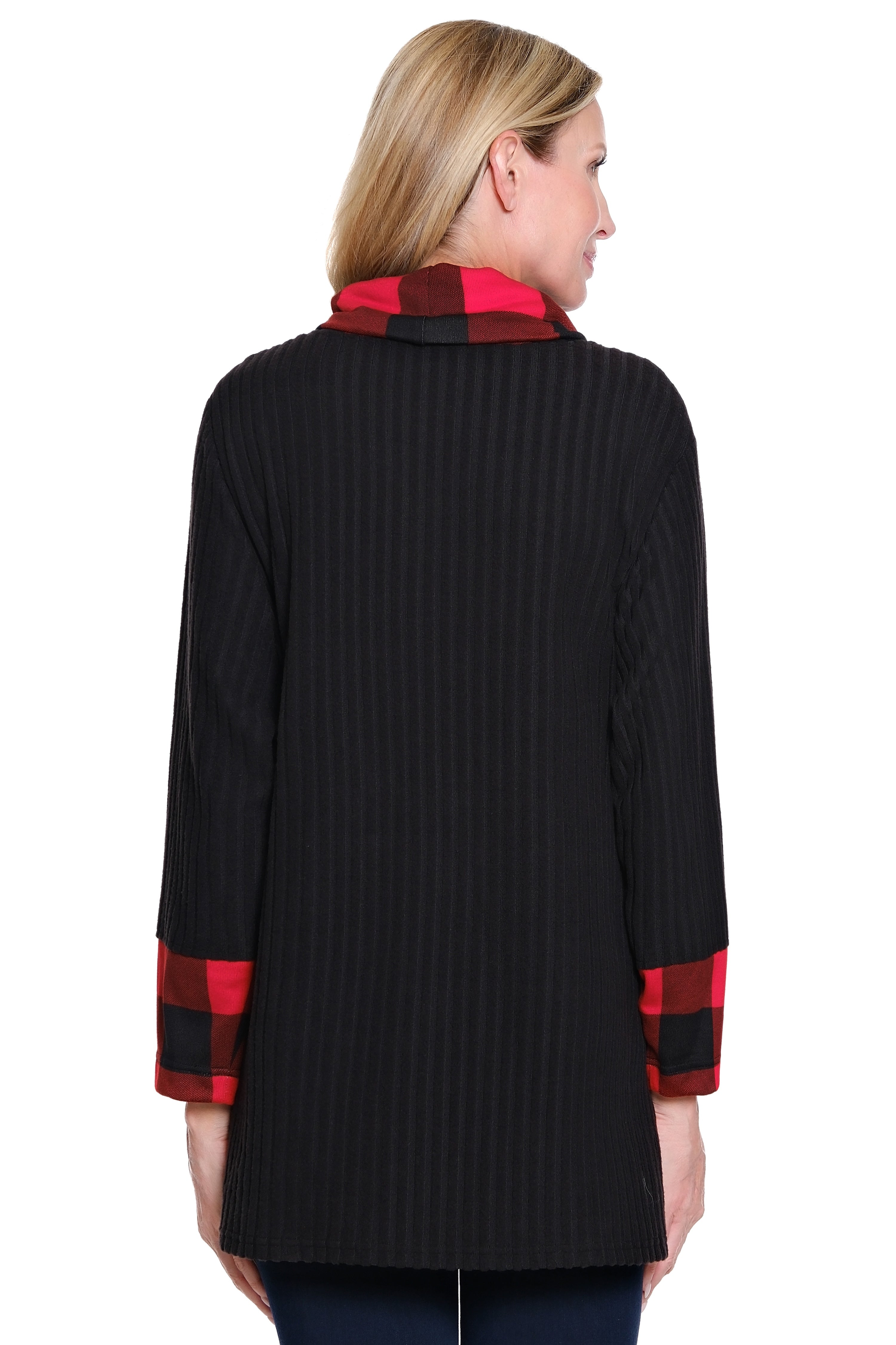 Plaid Cowl Neck Top - Black/Red Print