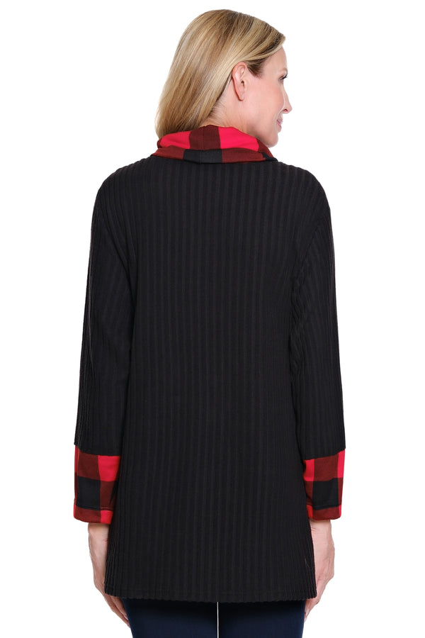Plaid Cowl Neck Top - Petite - Black/Red Print