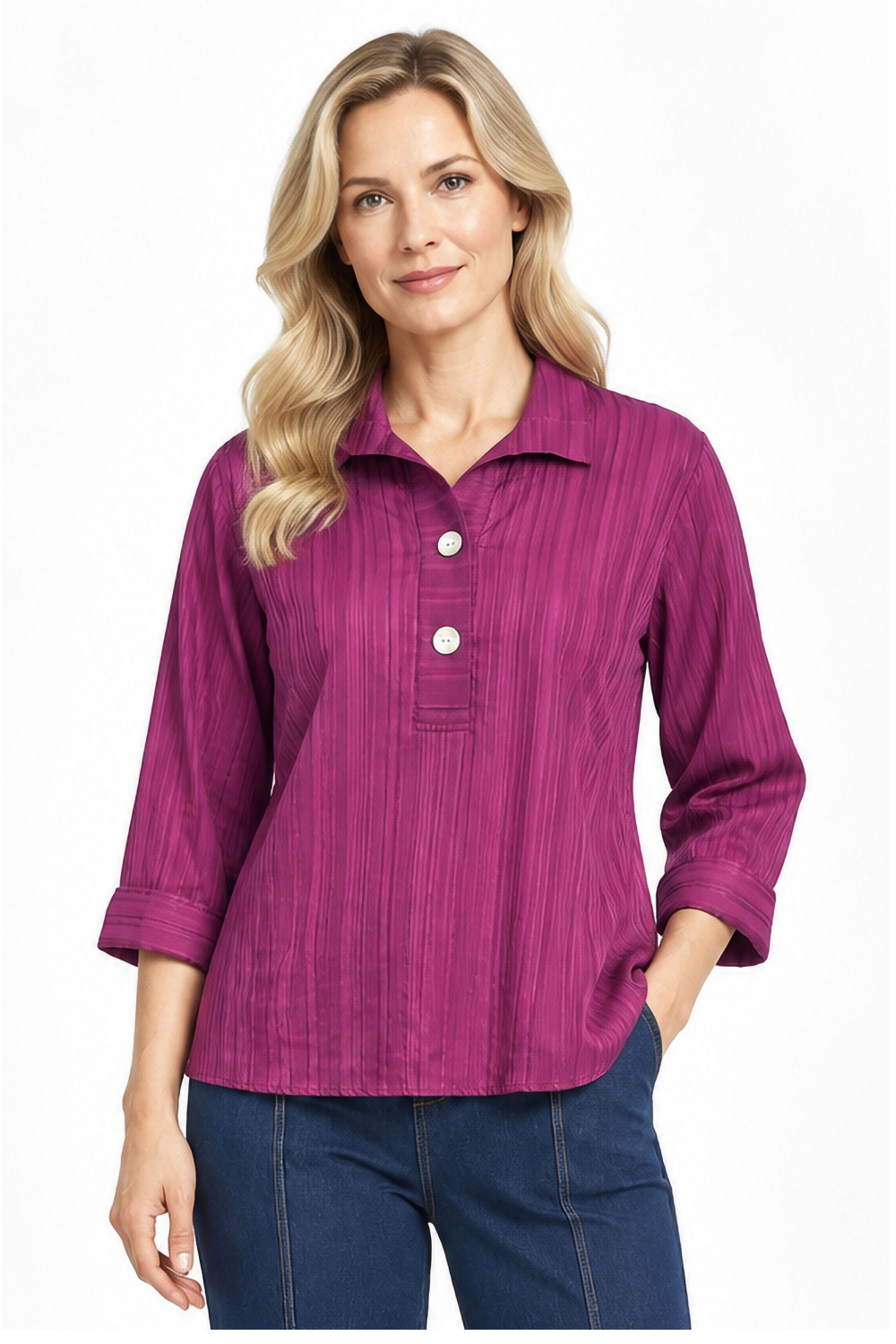 Fuchsia Striped Button Front Top - Missy