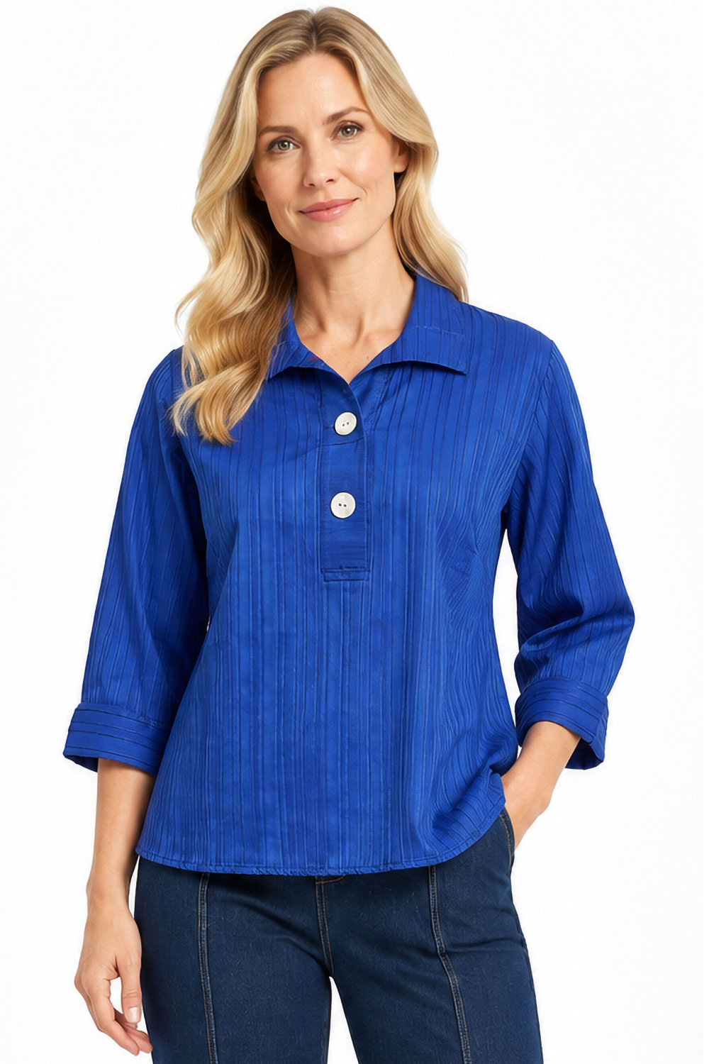Navy Striped Button Front Top - Missy