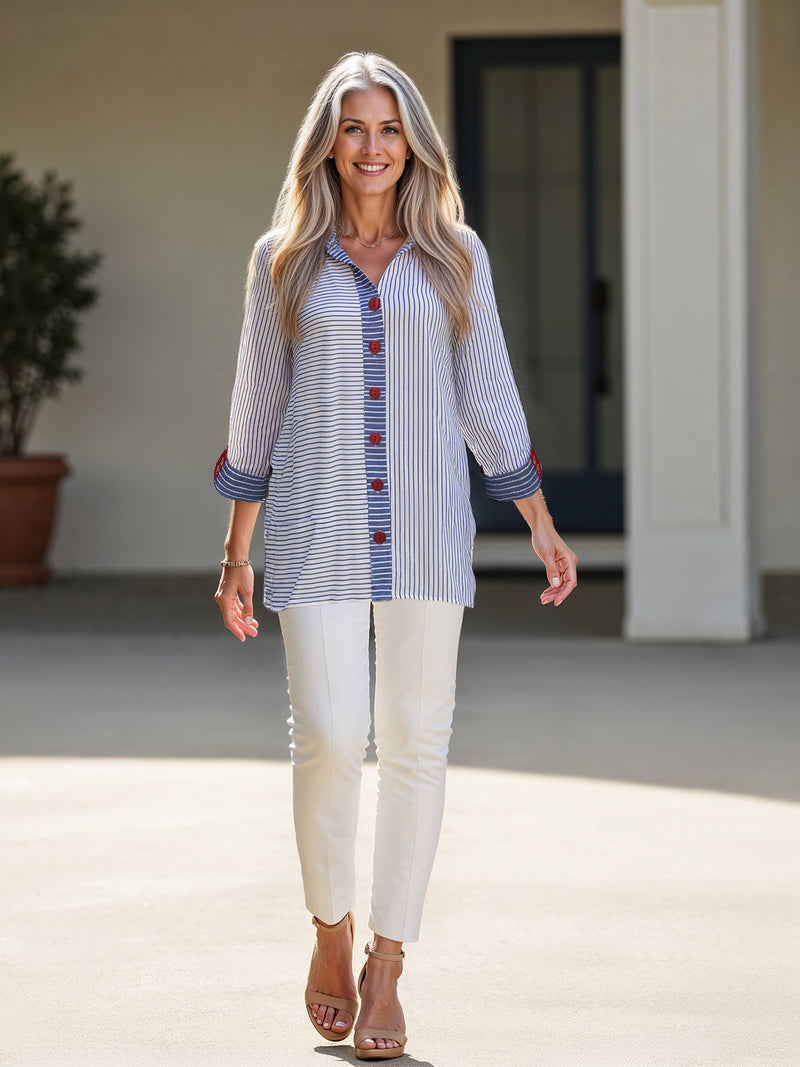 Striped Button-Front Tunic - Plus - Blue Stripe