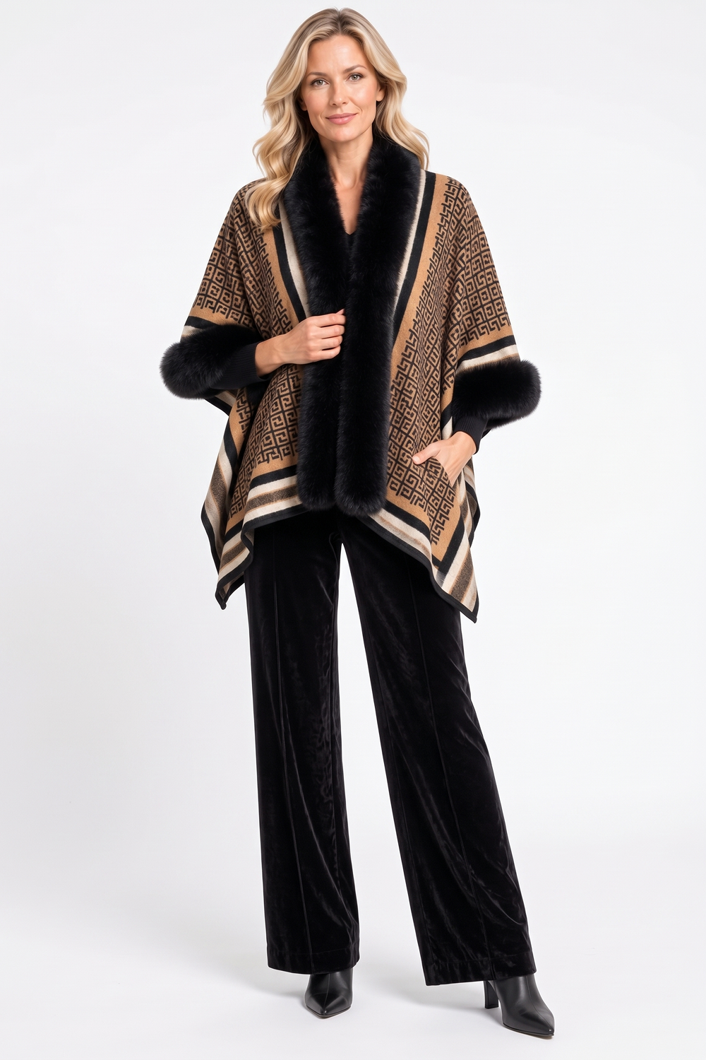 Chestnut Plush Trim Jacket & Black Velvet Flare Pant Outfit