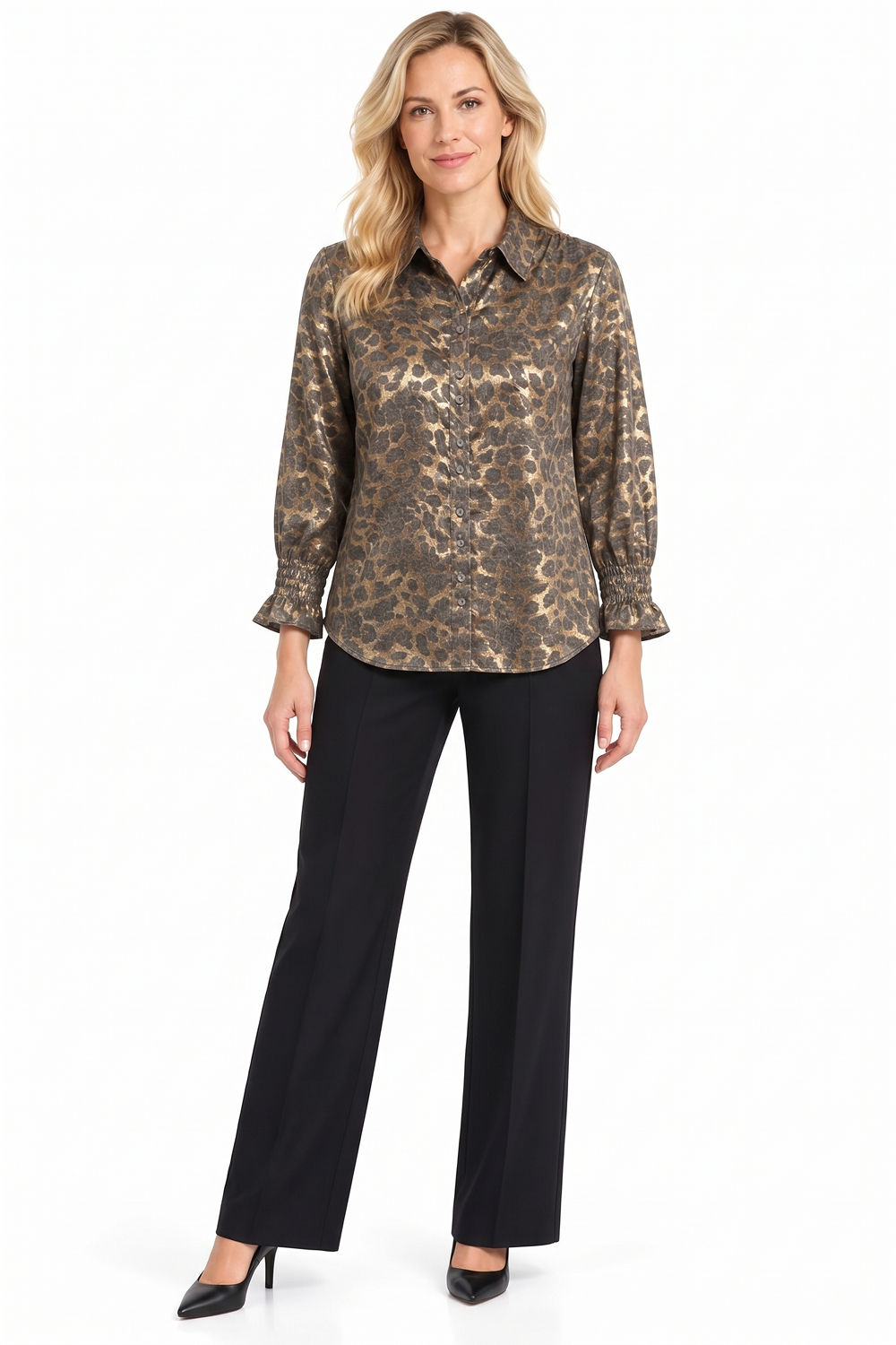 Leopard Shine Top & Black Knit Pant Outfit