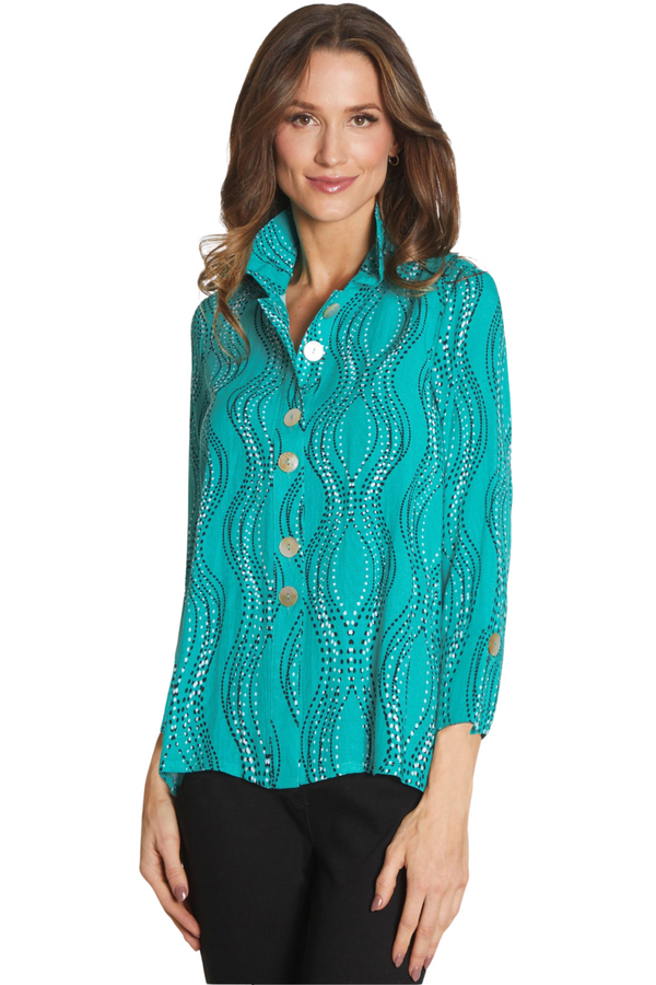 Printed Woven Crinkle Button Front Tunic - Petite - Seafoam