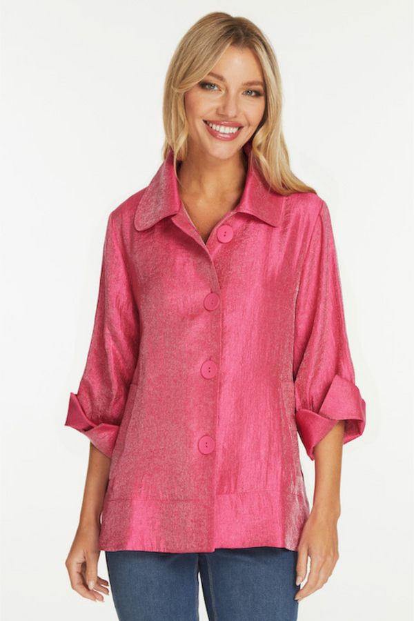 Woven Shimmer Button Front Jacket- Women's- Bright Pink