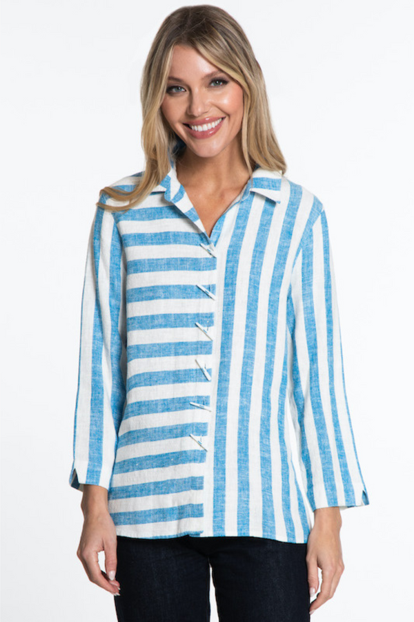Woven Yarn-Dye Stripe Button Front Tunic- Petite- Turquoise