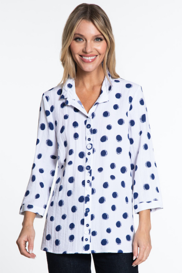 Printed Woven Button Front Tunic- Petite- Navy Print