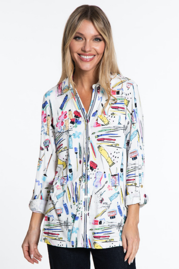 Printed Knit Button Front Tunic- Petite- Multi