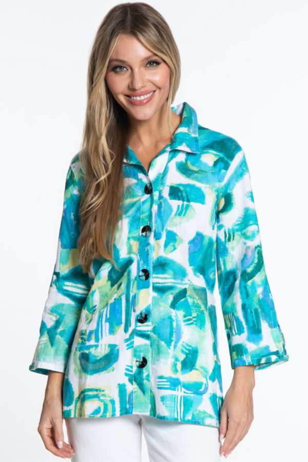 Printed Woven Button Front Tunic - Petite - Blue Print