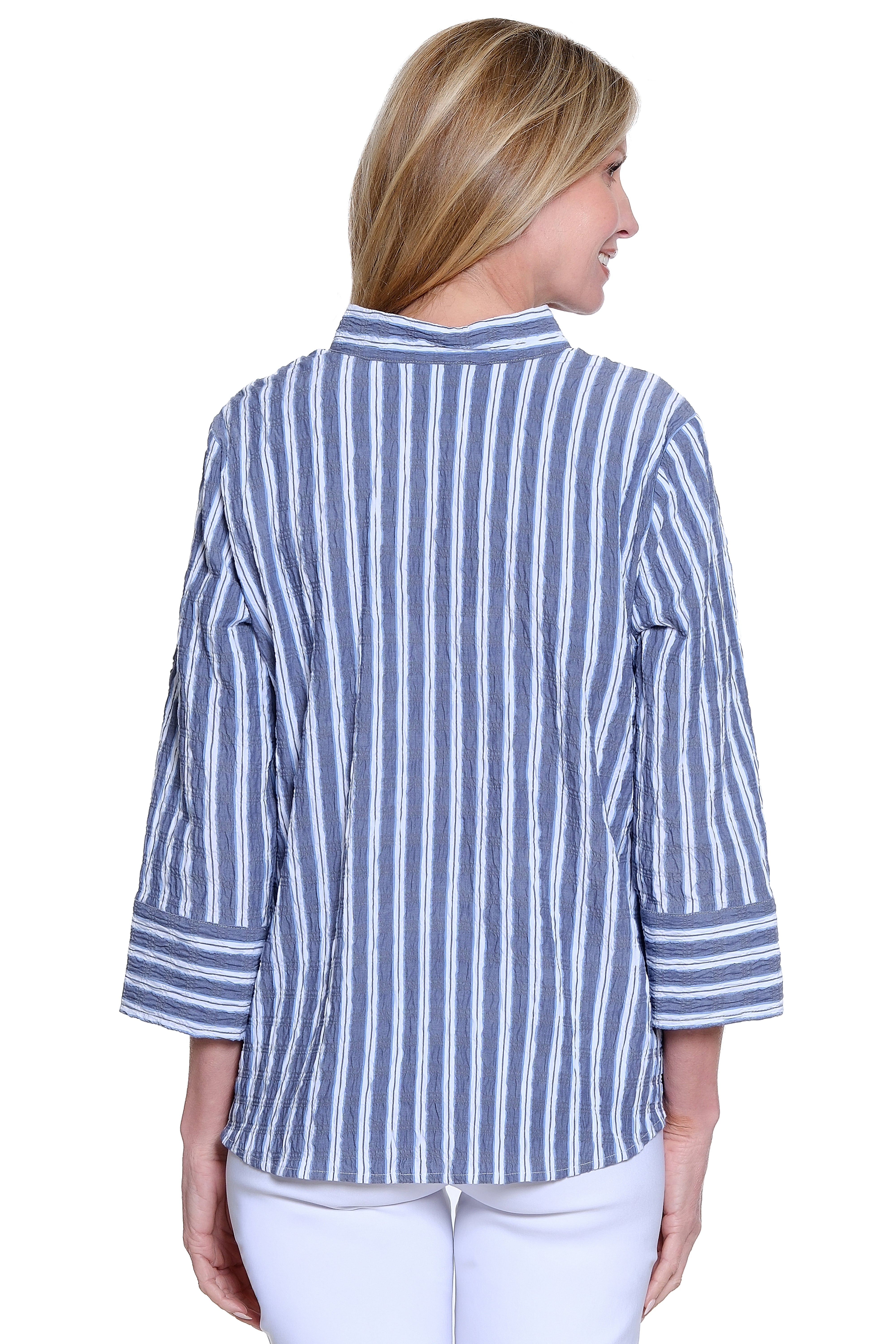 Yarn-Dye Button Front Top - Blue Stripe - view 2
