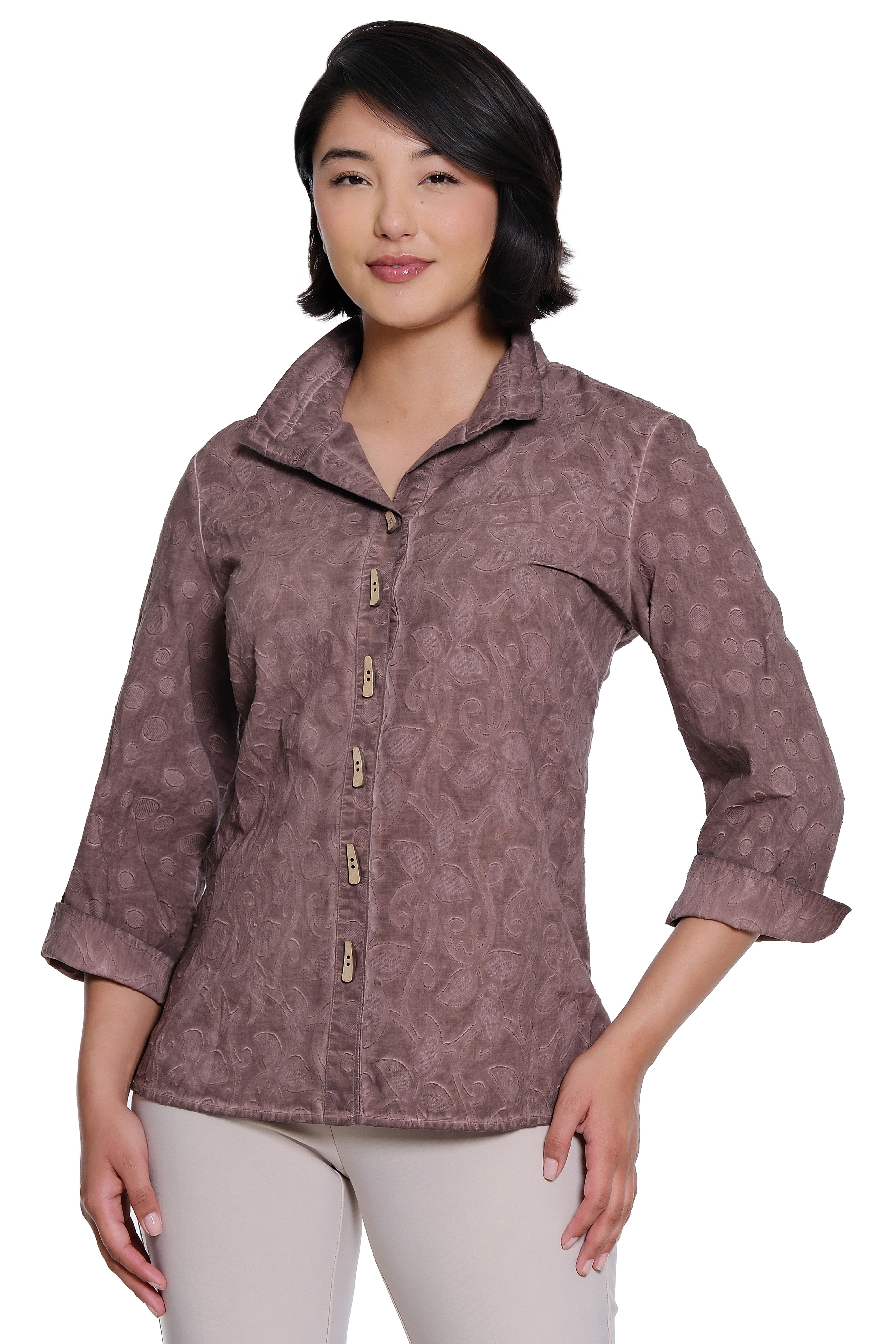 Jacquard Button Front Top - Dusty Aubergine