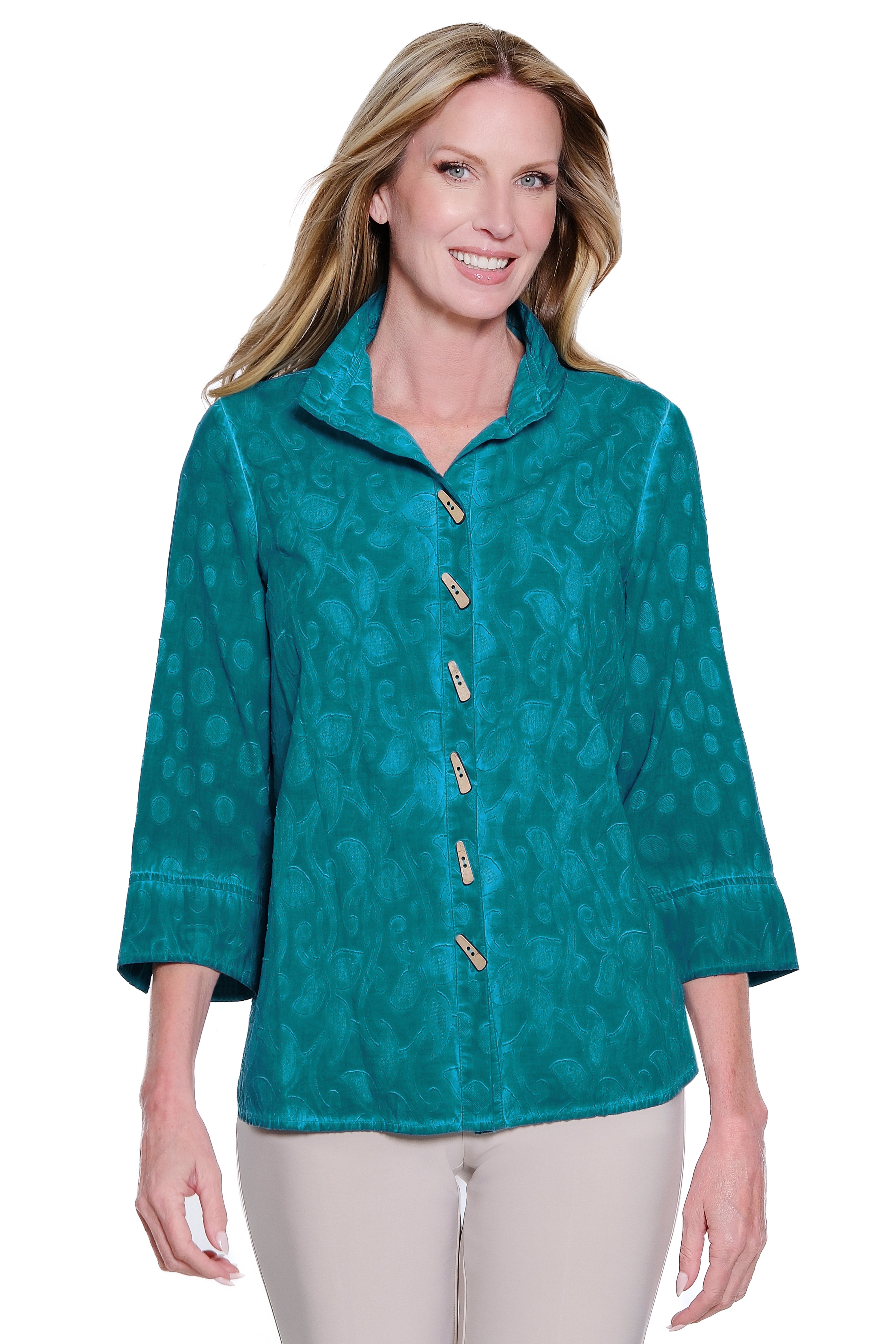 Jacquard Button Front Top - Petite - Peacock