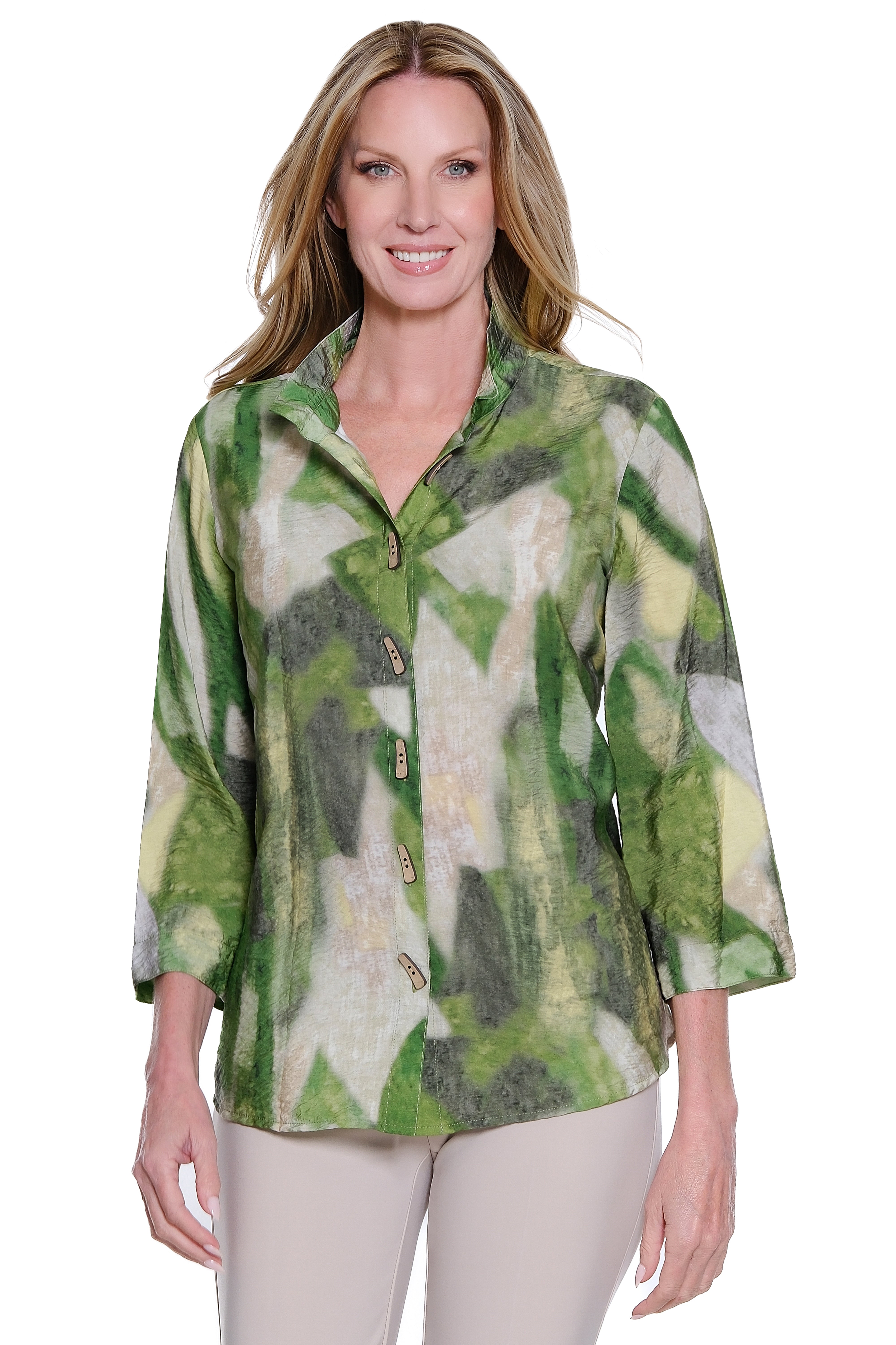 Printed Button Front Blouse - Green Print