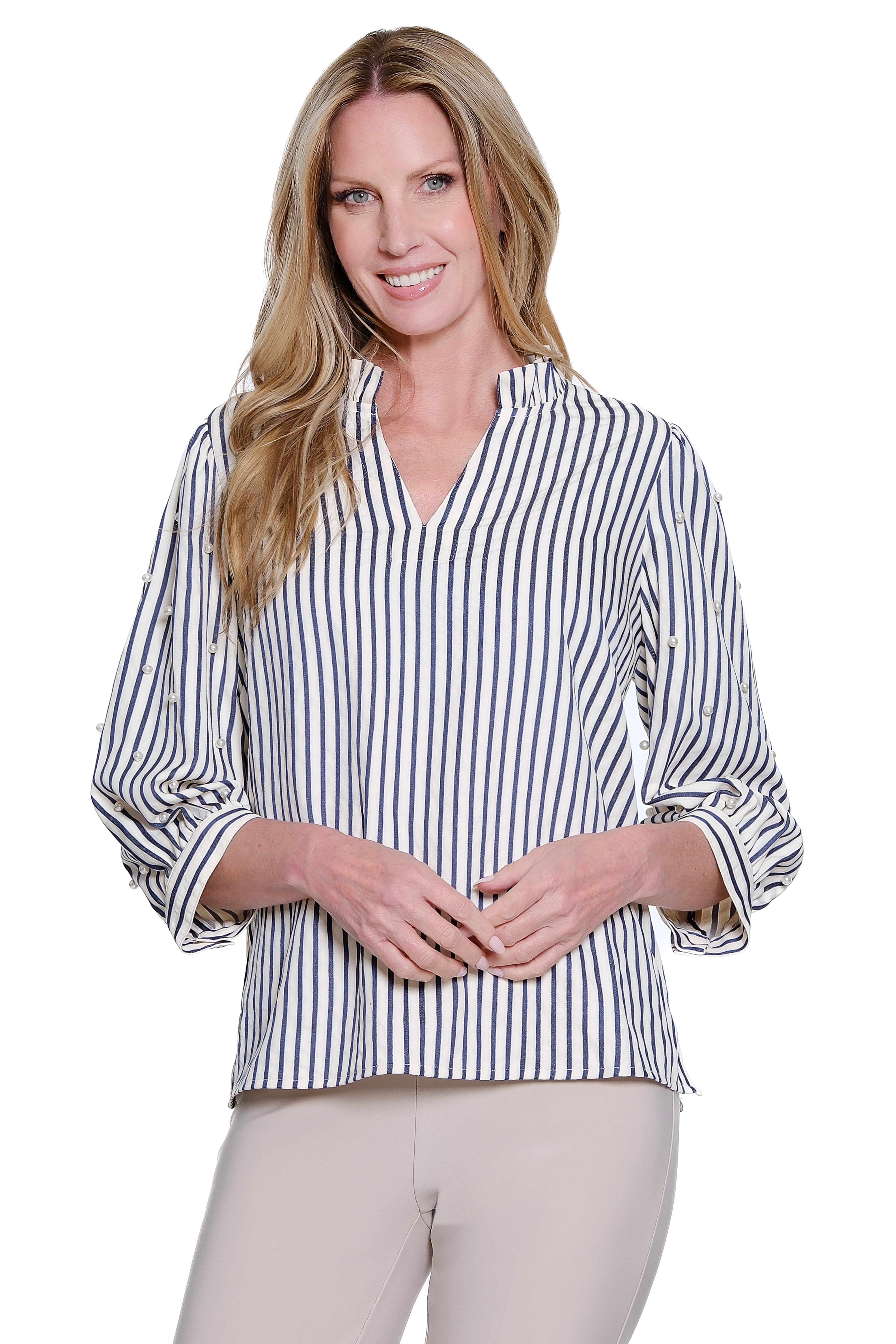 Yarn-Dye Ruffle Collar Top - Petite - Stripe