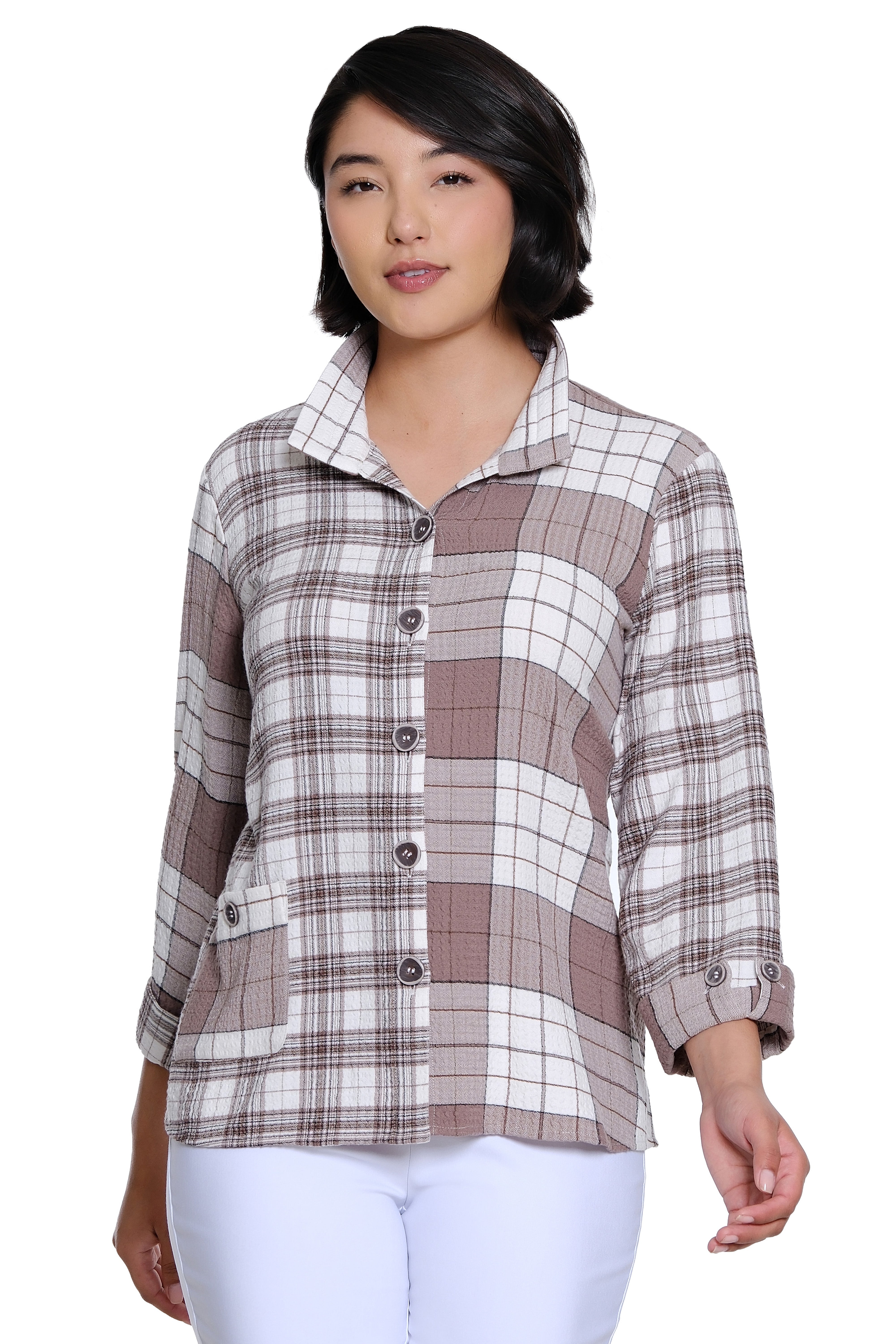 Plaid Button Front Top - Latte
