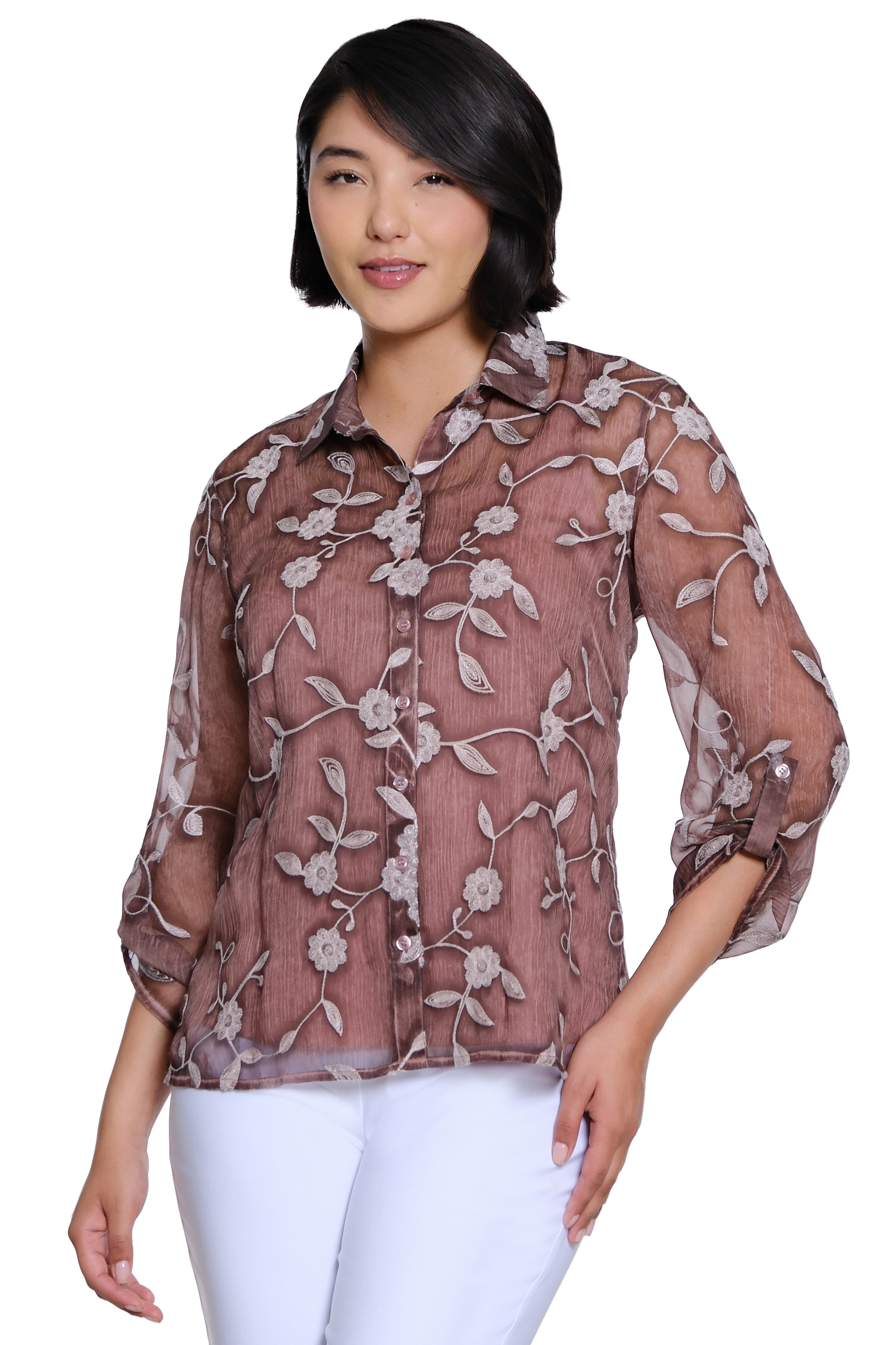 Embroidered Button Front Top - Dusty Aubergine